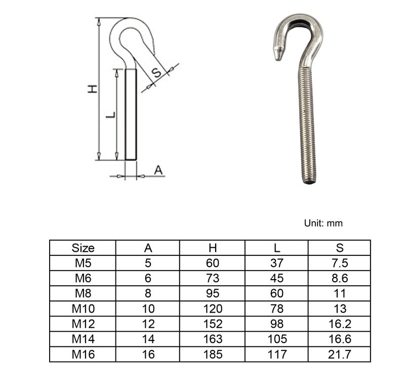 Faspiroty 2Pcs M16 Stainless Steel Eye Bolt with Nut and Washers Long Shank Threaded Rod Round Hook Eyelet Bolt Screw - Image 5